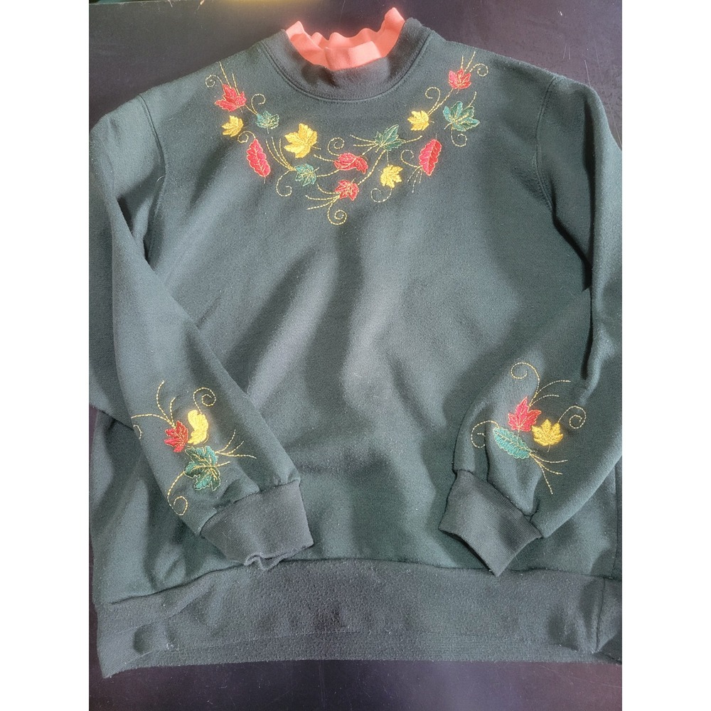 BonWorth Vintage Forest Green Embroidered Autumn Leaves Mock Neck Sweatshirt